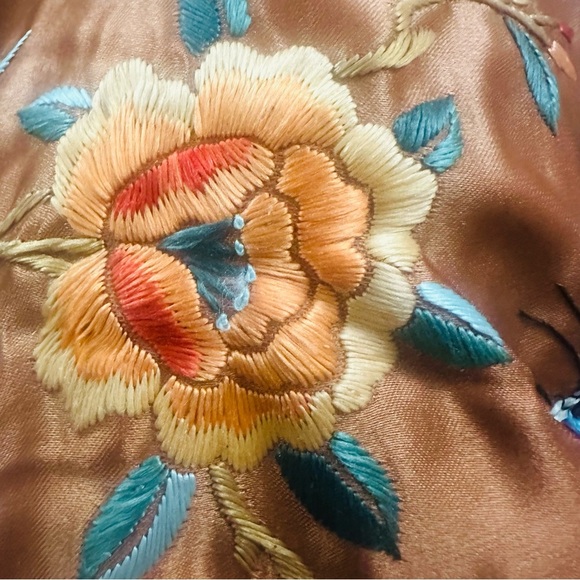 Vintage Dun Huang Beijing 16” Asian Silk Pillow Cover Embroidered Floral Bronze - Picture 4 of 7